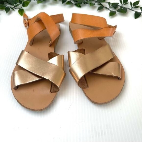 KYMA PATMOS CROSS ANKLE STRAP FLAT SANDAL GOLD/TAN LEATHER 7 - Picture 4 of 11